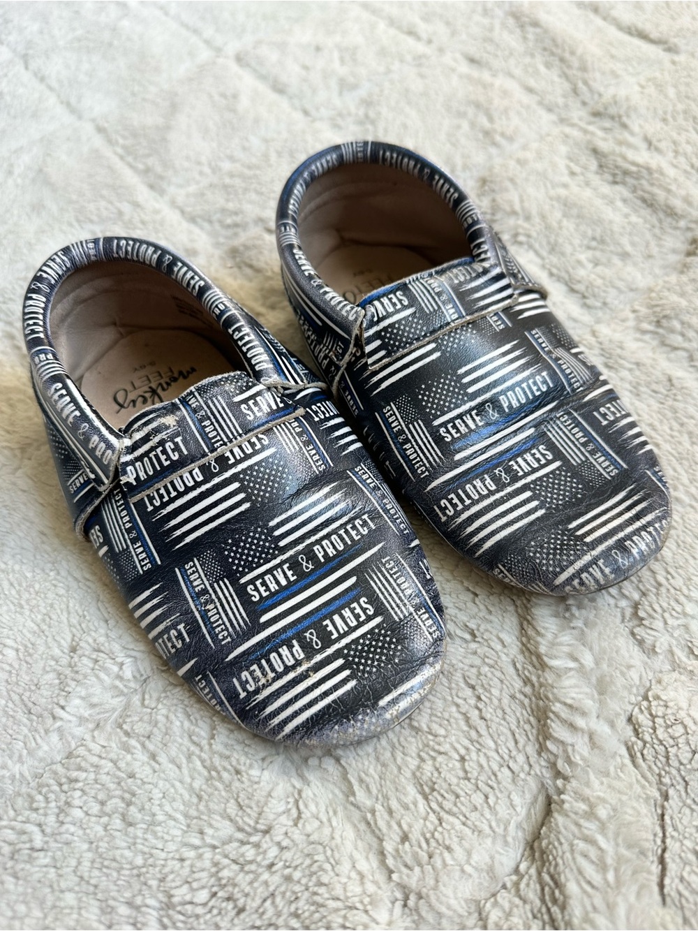 Monkey Feet | Thin Blue Line Serve and Protect Moccasins | Size 5-6Y
